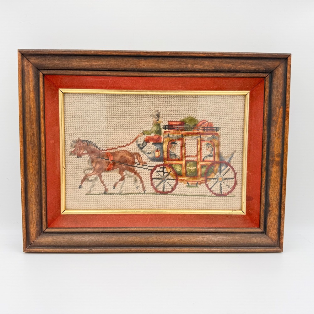 Vintage Framed Needlepoint Horse Drawn Stagecoach Equestrian Textile Wall Art - Picture 4 of 4